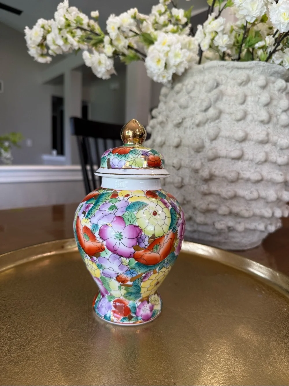 Floral Porcelain Ginger Jar with Gold Accent - Multi-Color